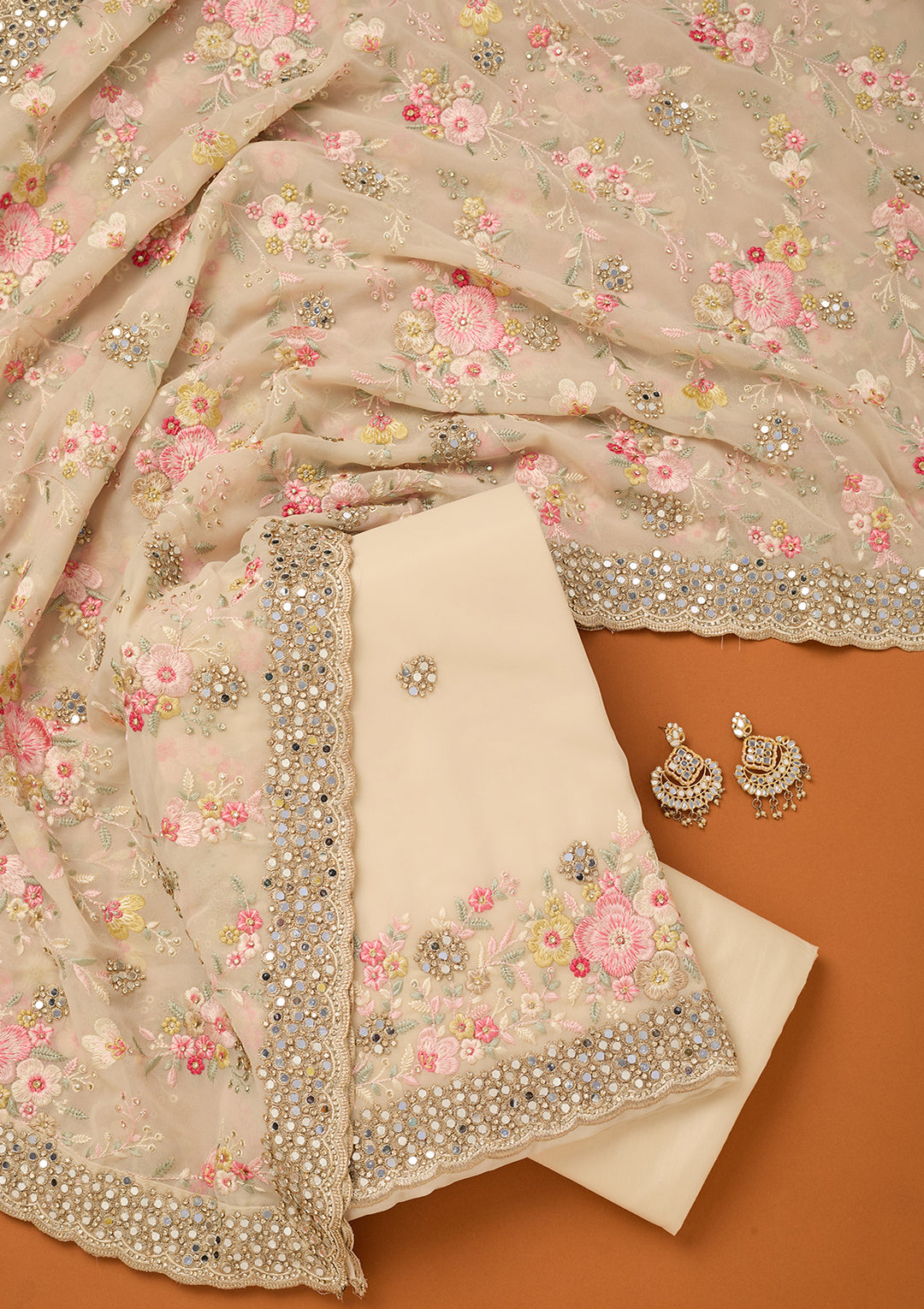 Off White Georgette Mirrorwork Unstitched Dress Material With Matching Bottom And Dupatta