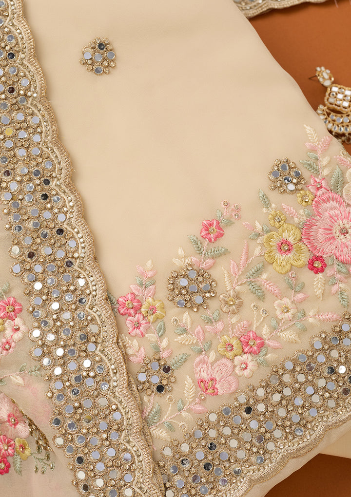 Off White Georgette Mirrorwork Unstitched Dress Material With Matching Bottom And Dupatta