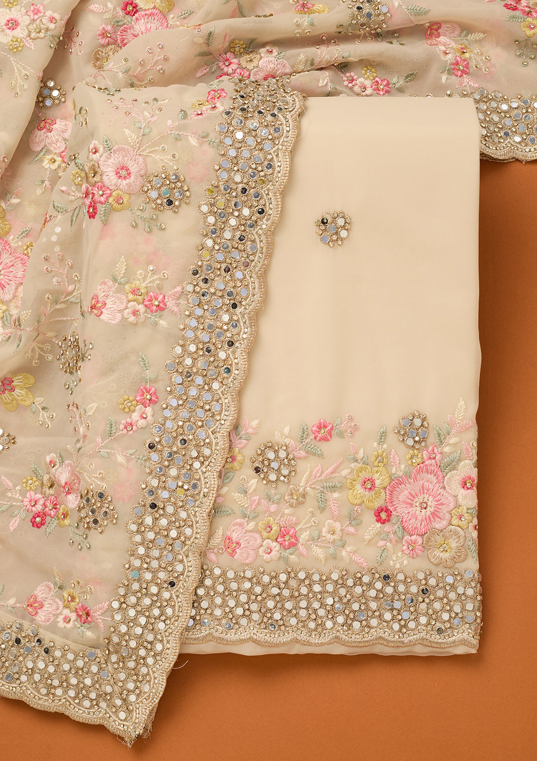 Off White Georgette Mirrorwork Unstitched Dress Material With Matching Bottom And Dupatta