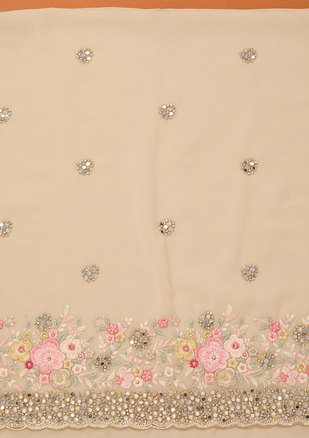 Off White Georgette Mirrorwork Unstitched Dress Material With Matching Bottom And Dupatta