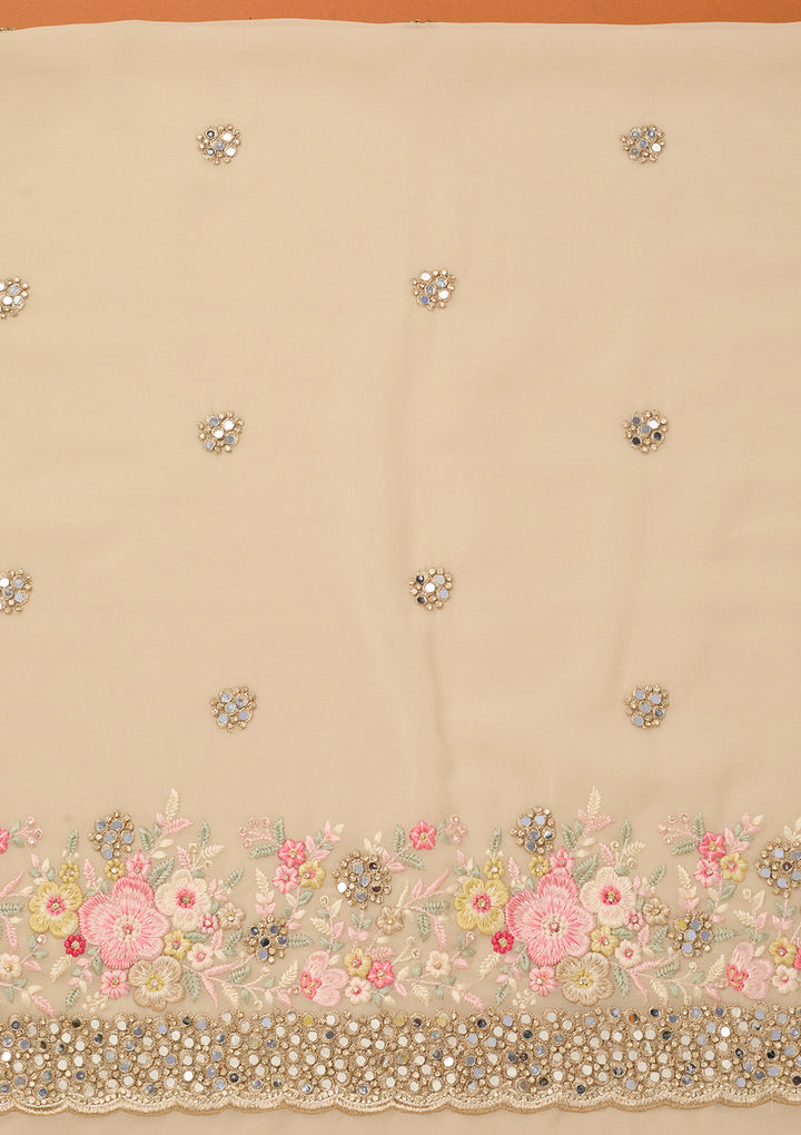 Off White Georgette Mirrorwork Unstitched Dress Material With Matching Bottom And Dupatta