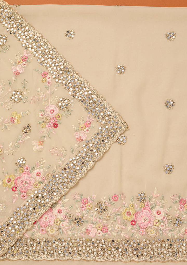 Off White Georgette Mirrorwork Unstitched Dress Material With Matching Bottom And Dupatta