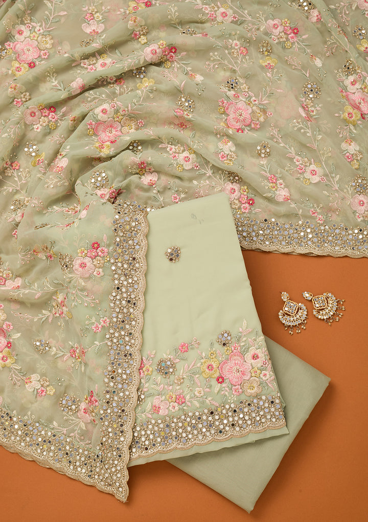 Pista Green Georgette Mirrorwork Unstitched Dress Material With Matching Bottom And Dupatta