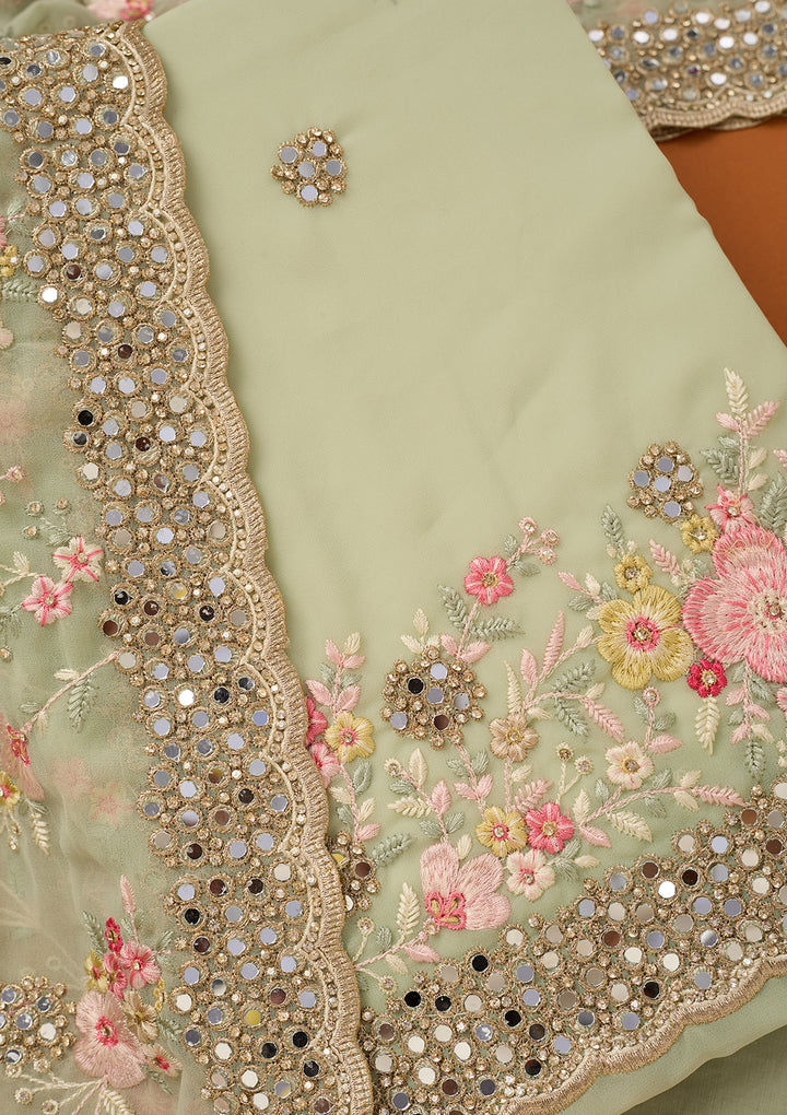 Pista Green Georgette Mirrorwork Unstitched Dress Material With Matching Bottom And Dupatta