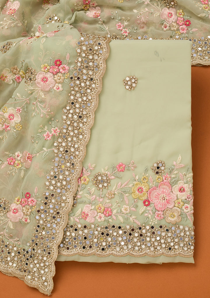 Pista Green Georgette Mirrorwork Unstitched Dress Material With Matching Bottom And Dupatta