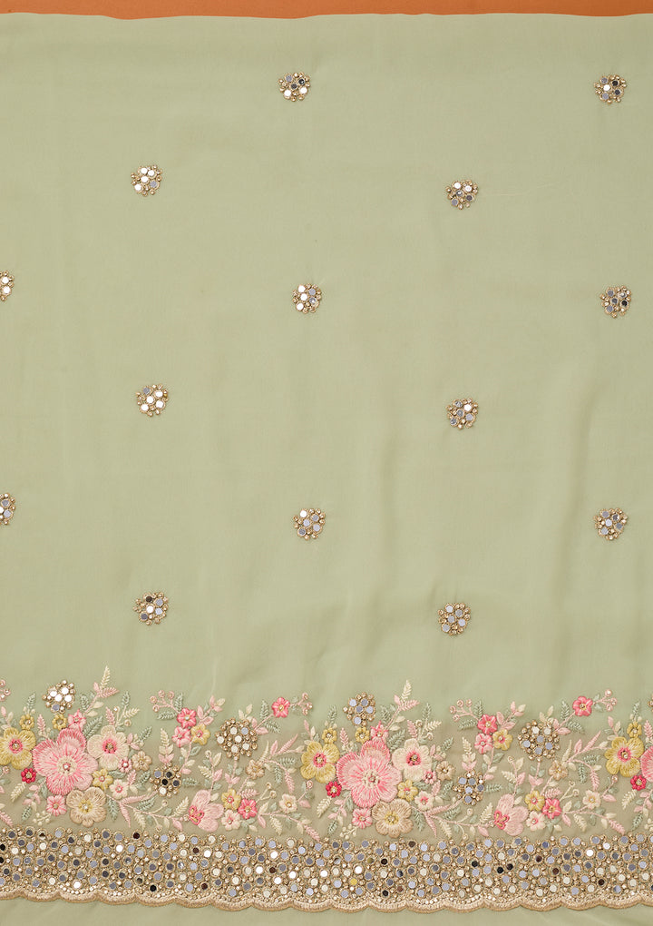 Pista Green Georgette Mirrorwork Unstitched Dress Material With Matching Bottom And Dupatta