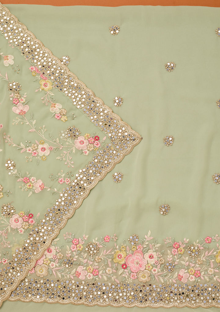 Pista Green Georgette Mirrorwork Unstitched Dress Material With Matching Bottom And Dupatta