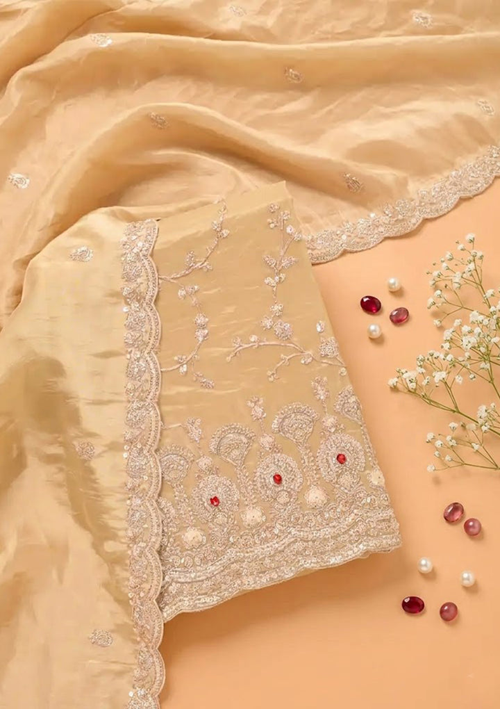 Beige Tissue Cutdana Unstitched Dress Material With Matching Bottom And Dupatta