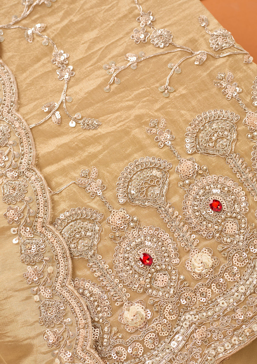 Beige Tissue Cutdana Unstitched Dress Material With Matching Bottom And Dupatta