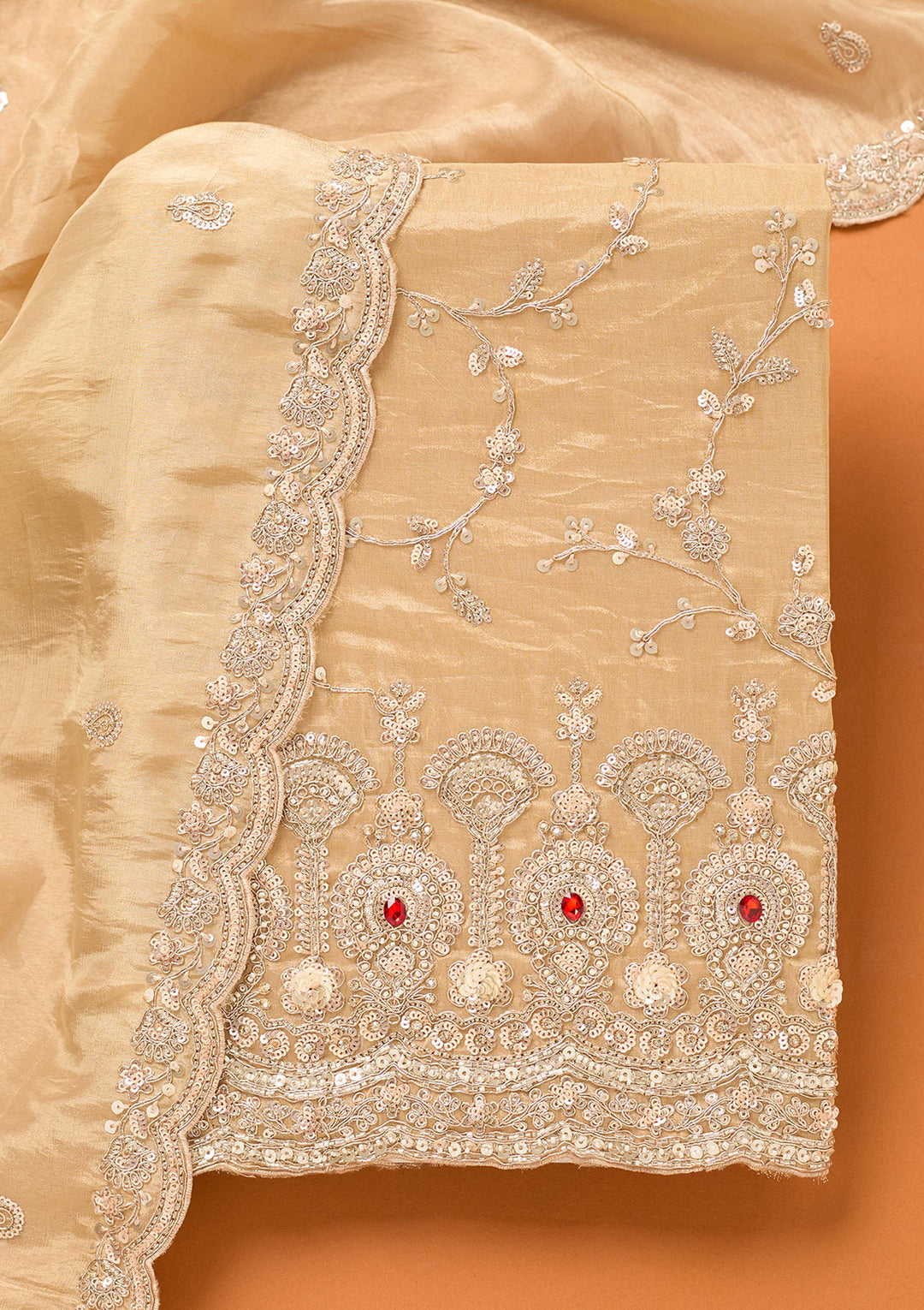 Beige Tissue Cutdana Unstitched Dress Material With Matching Bottom And Dupatta