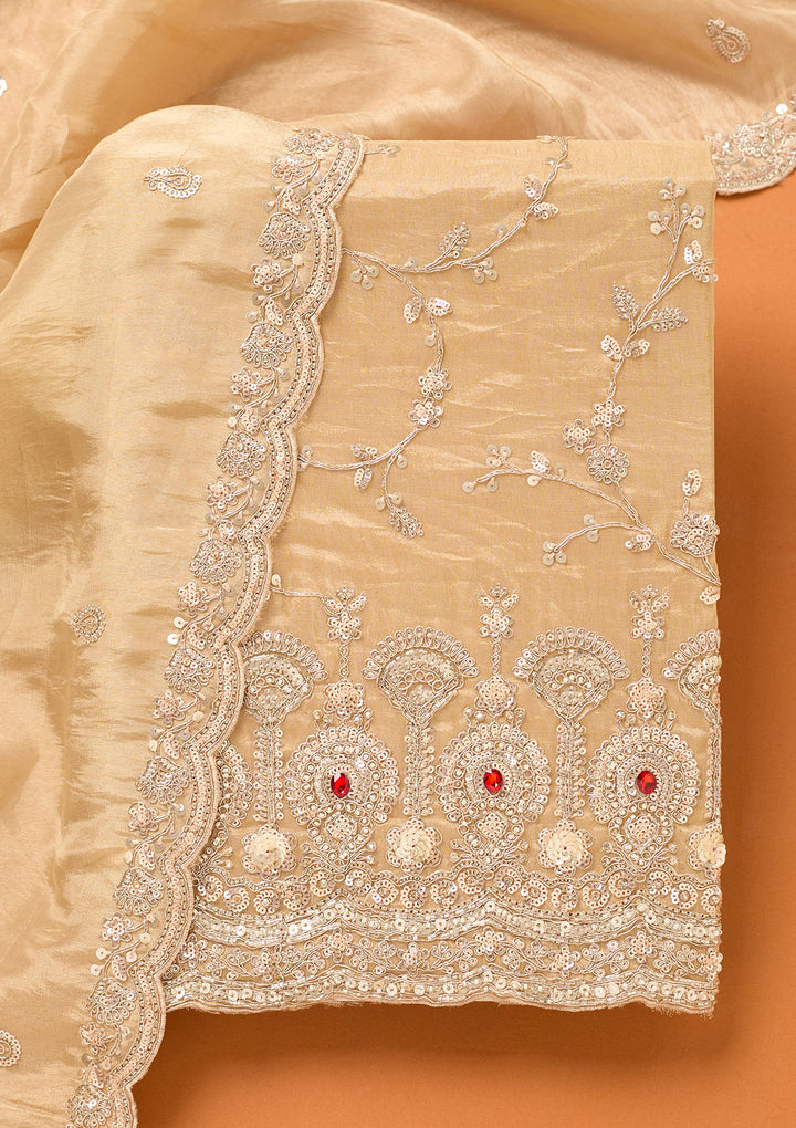 Beige Tissue Cutdana Unstitched Dress Material With Matching Bottom And Dupatta