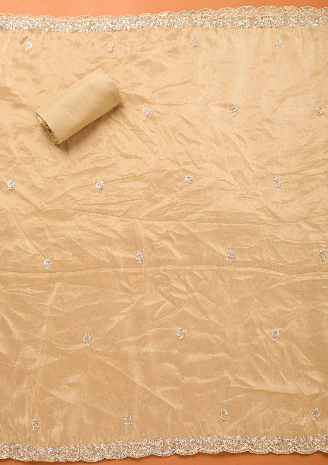 Beige Tissue Cutdana Unstitched Dress Material With Matching Bottom And Dupatta