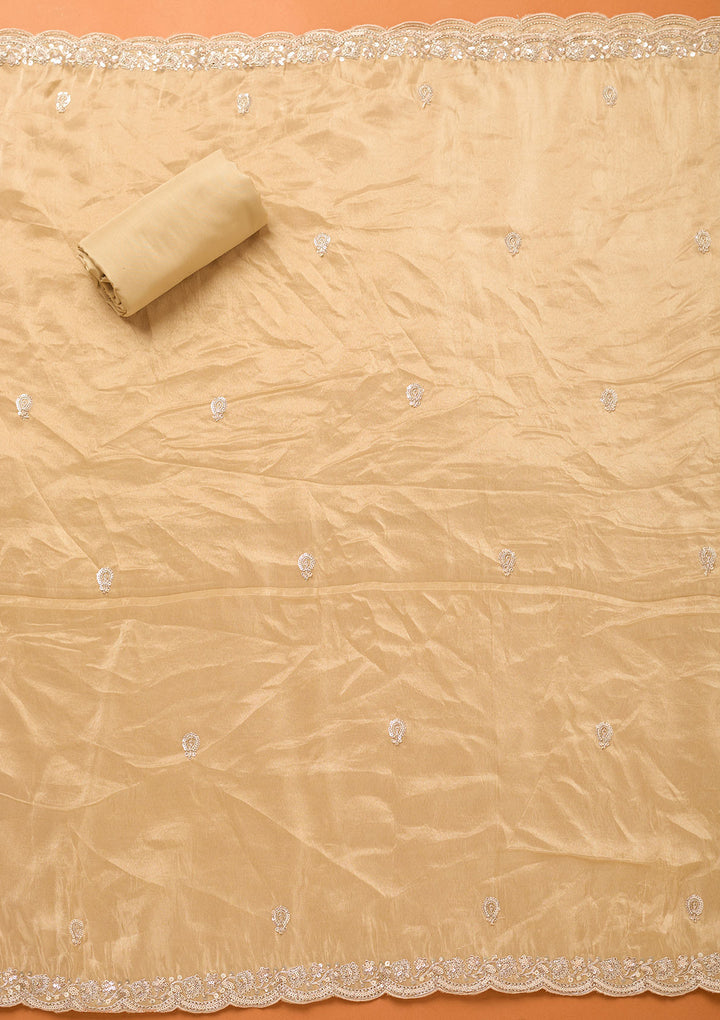 Beige Tissue Cutdana Unstitched Dress Material With Matching Bottom And Dupatta