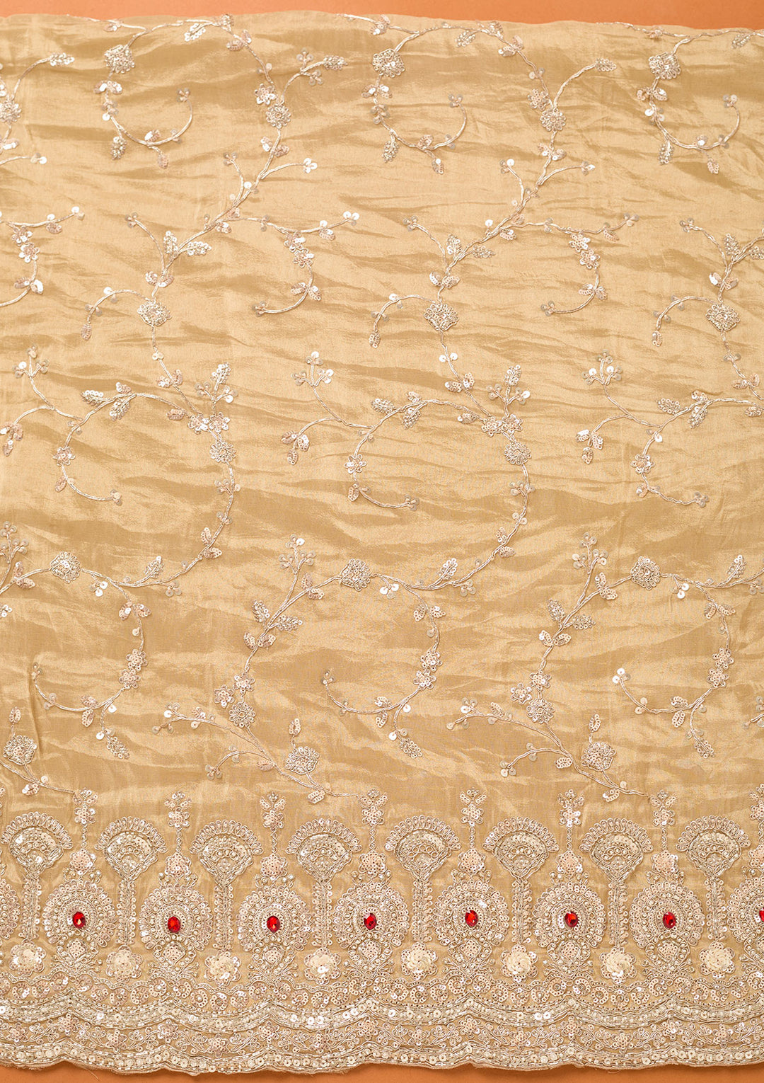 Beige Tissue Cutdana Unstitched Dress Material With Matching Bottom And Dupatta