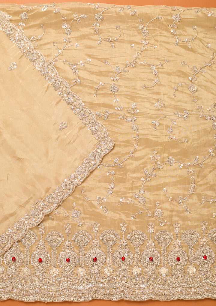 Beige Tissue Cutdana Unstitched Dress Material With Matching Bottom And Dupatta