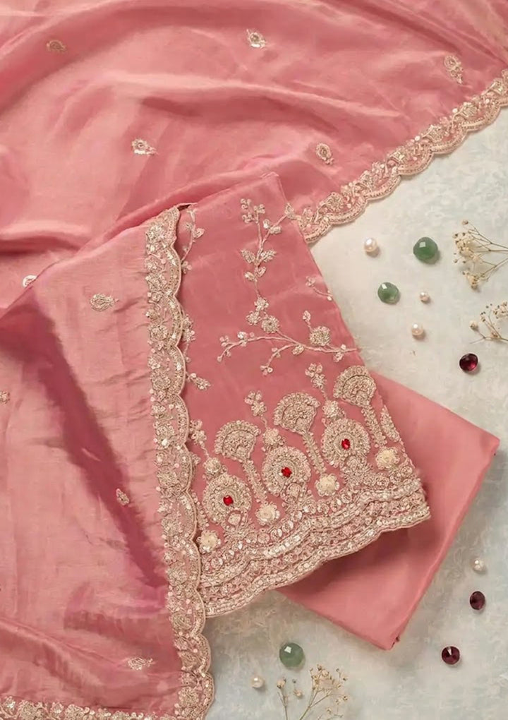 Onion Pink Tissue Cutdana Unstitched Dress Material With Matching Bottom And Dupatta