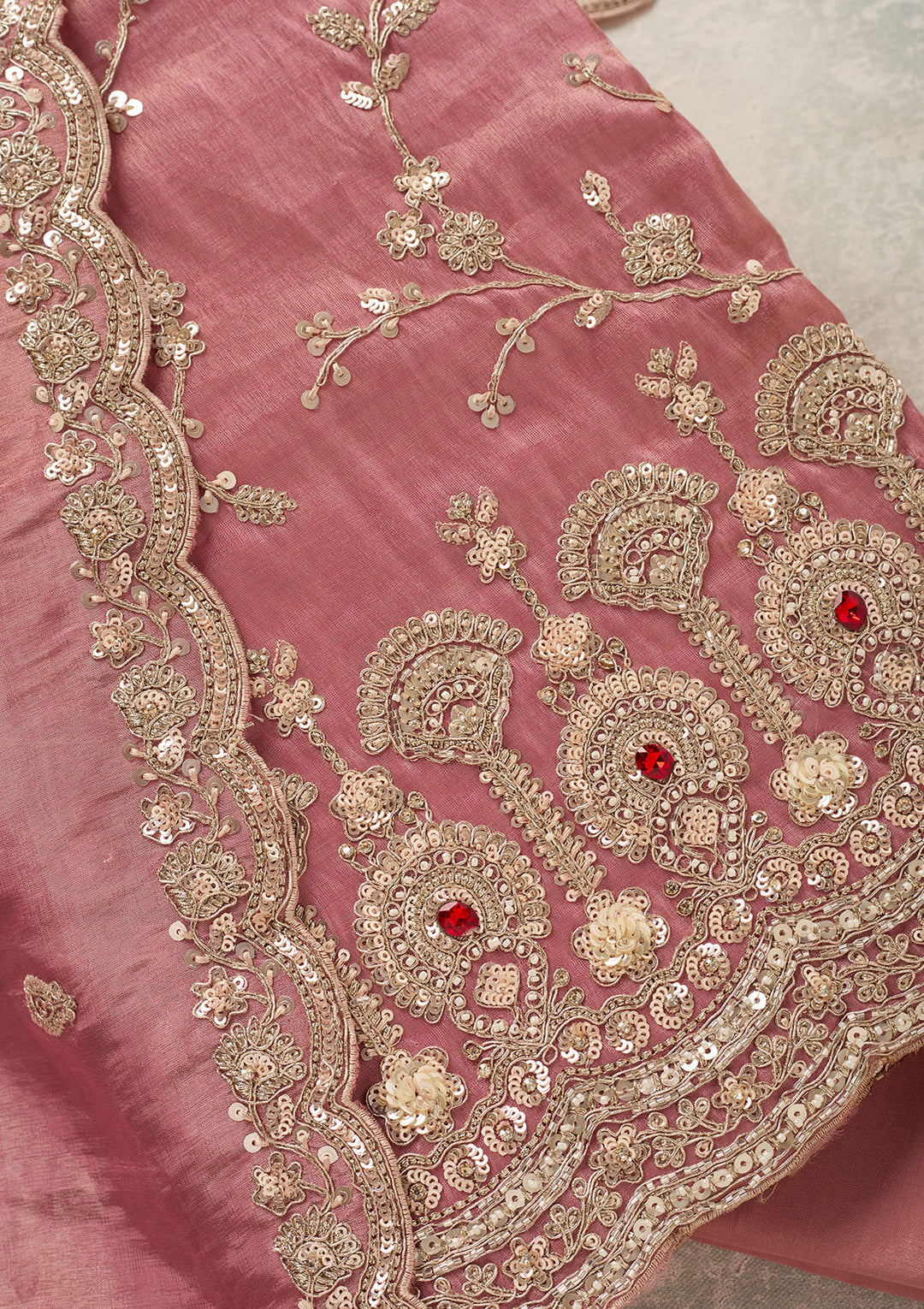 Onion Pink Tissue Cutdana Unstitched Dress Material With Matching Bottom And Dupatta