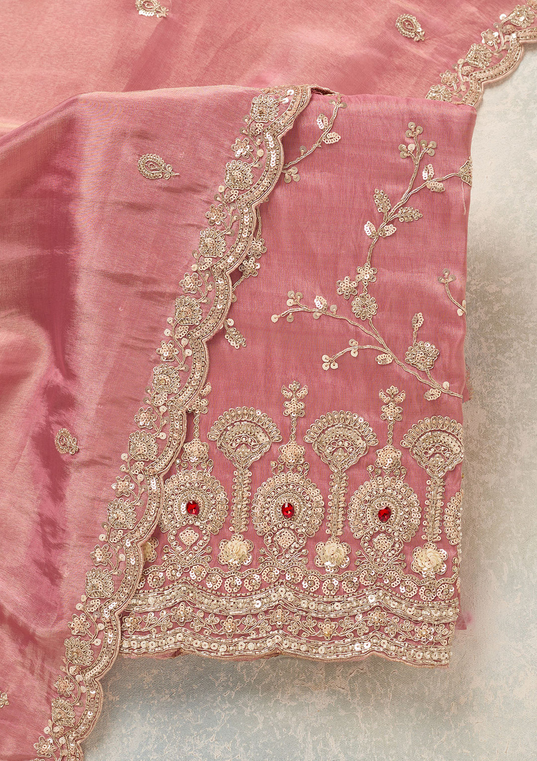 Onion Pink Tissue Cutdana Unstitched Dress Material With Matching Bottom And Dupatta