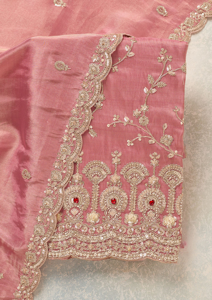 Onion Pink Tissue Cutdana Unstitched Dress Material With Matching Bottom And Dupatta