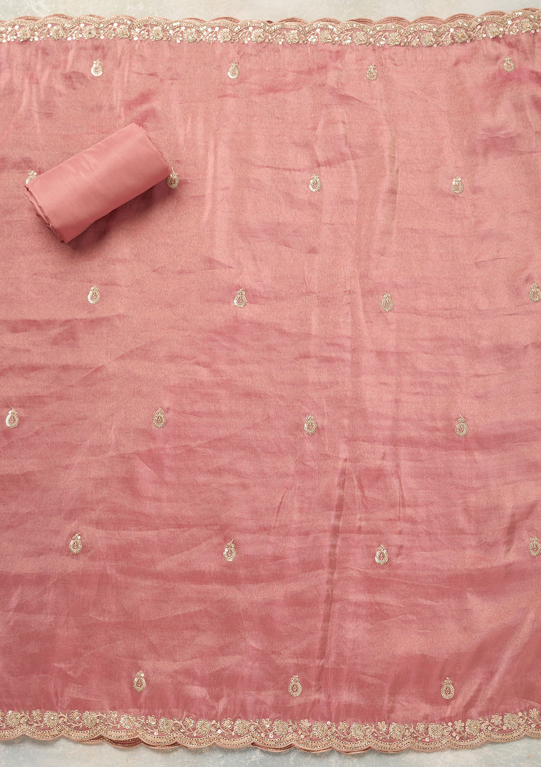 Onion Pink Tissue Cutdana Unstitched Dress Material With Matching Bottom And Dupatta