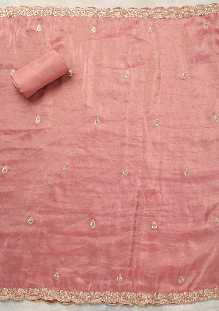 Onion Pink Tissue Cutdana Unstitched Dress Material With Matching Bottom And Dupatta