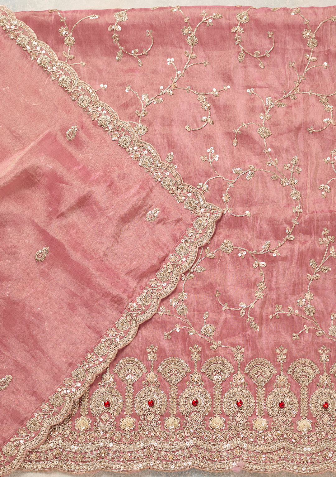 Onion Pink Tissue Cutdana Unstitched Dress Material With Matching Bottom And Dupatta