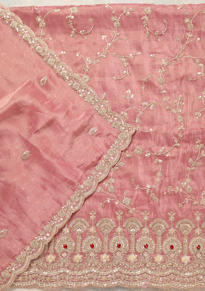 Onion Pink Tissue Cutdana Unstitched Dress Material With Matching Bottom And Dupatta