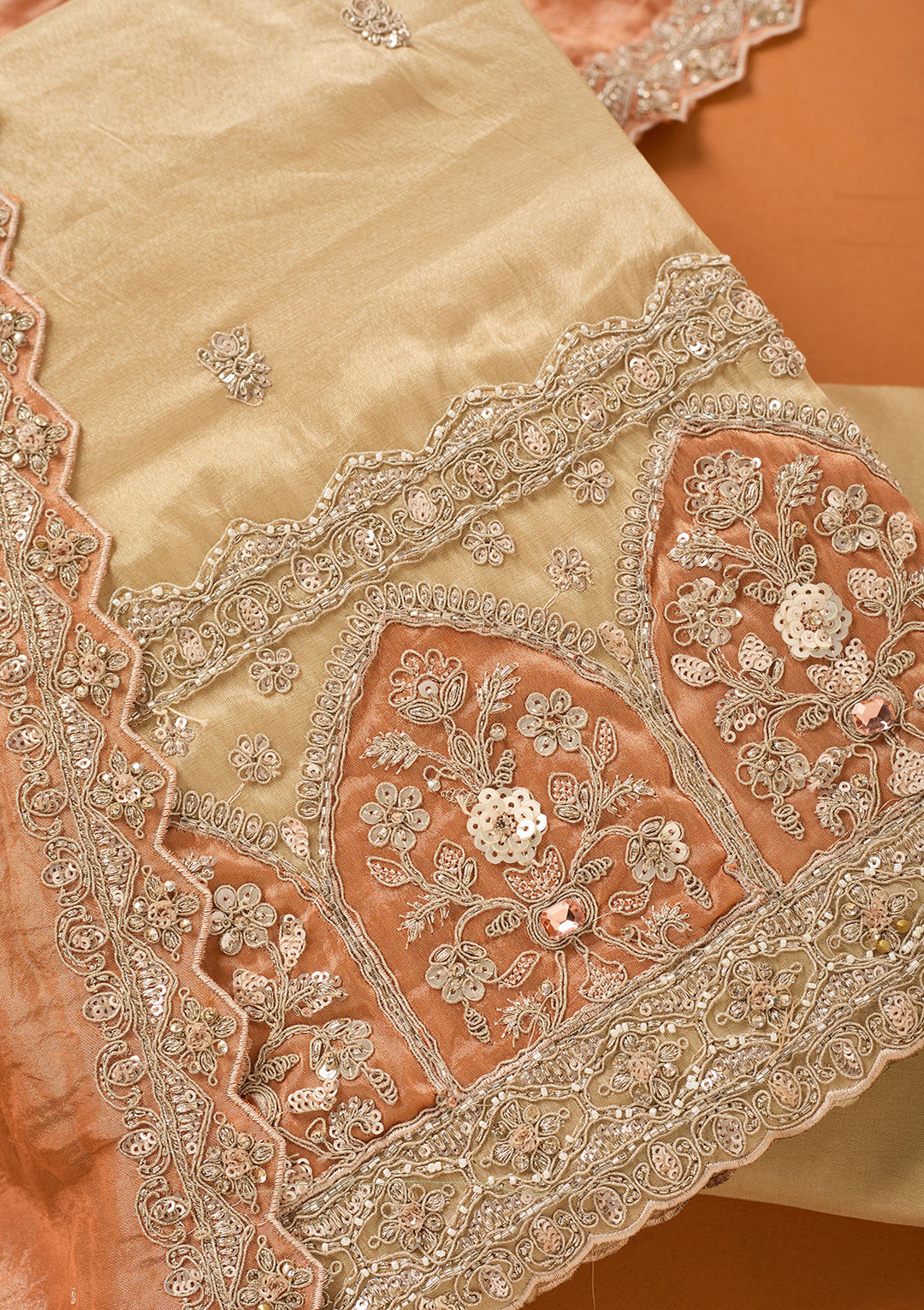 Beige Peach Tissue Cutdana Unstitched Dress Material With Matching Bottom And Dupatta