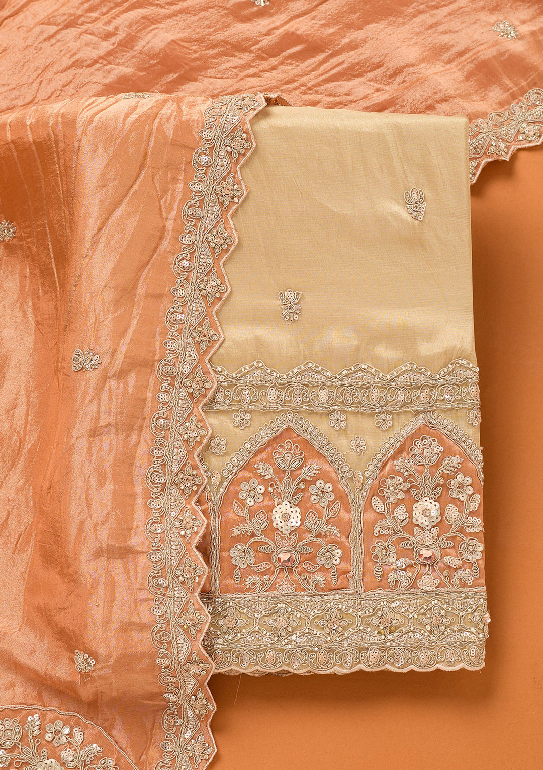 Beige Peach Tissue Cutdana Unstitched Dress Material With Matching Bottom And Dupatta