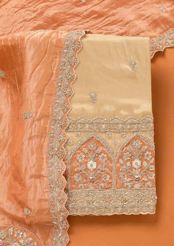 Beige Peach Tissue Cutdana Unstitched Dress Material With Matching Bottom And Dupatta