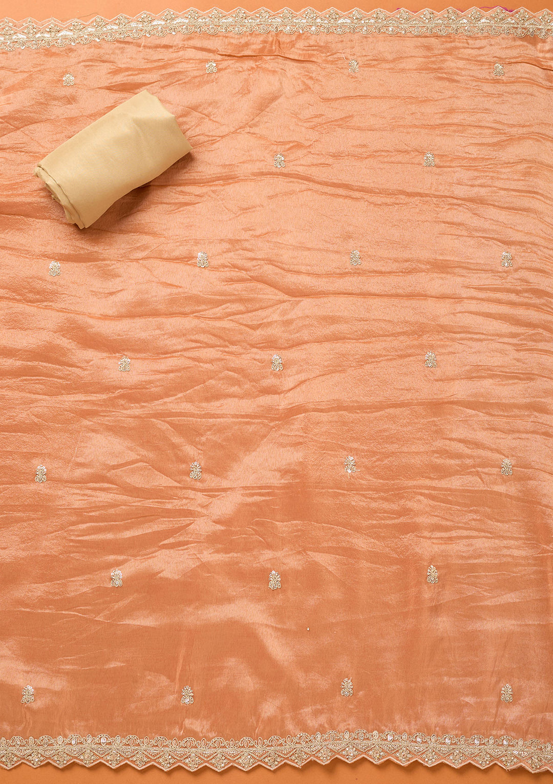 Beige Peach Tissue Cutdana Unstitched Dress Material With Matching Bottom And Dupatta