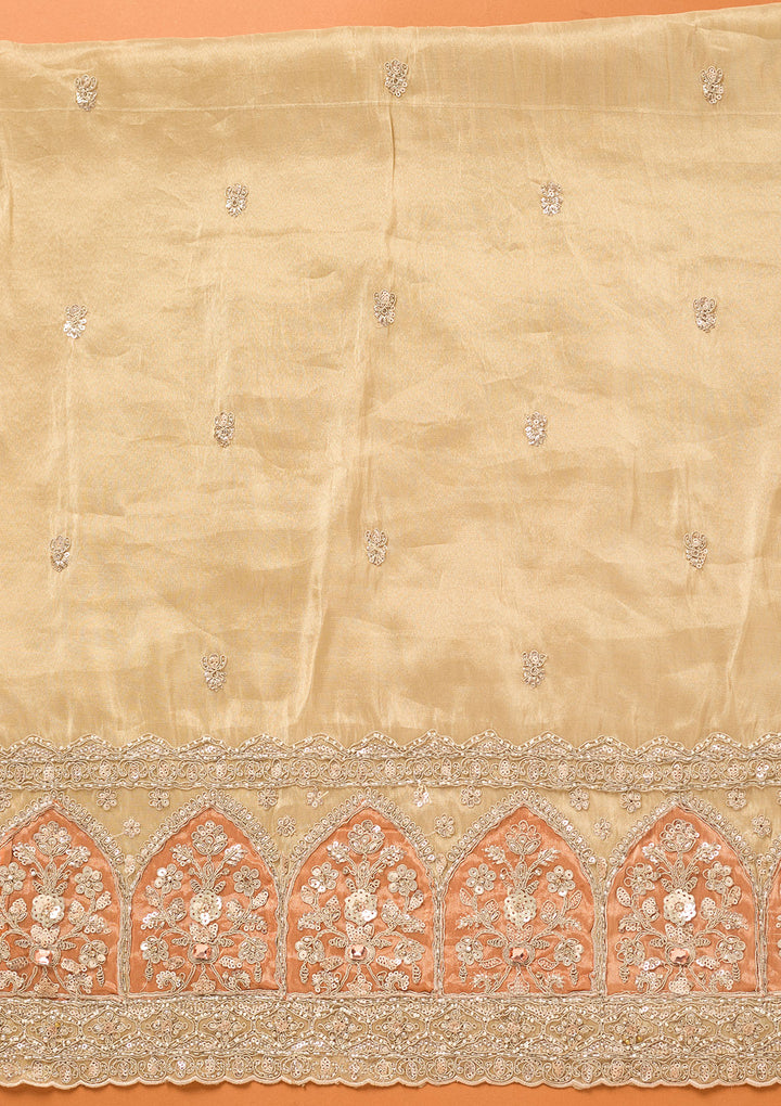 Beige Peach Tissue Cutdana Unstitched Dress Material With Matching Bottom And Dupatta