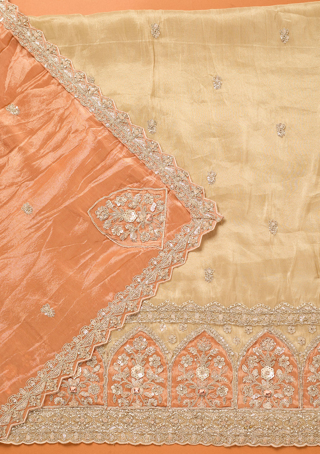 Beige Peach Tissue Cutdana Unstitched Dress Material With Matching Bottom And Dupatta