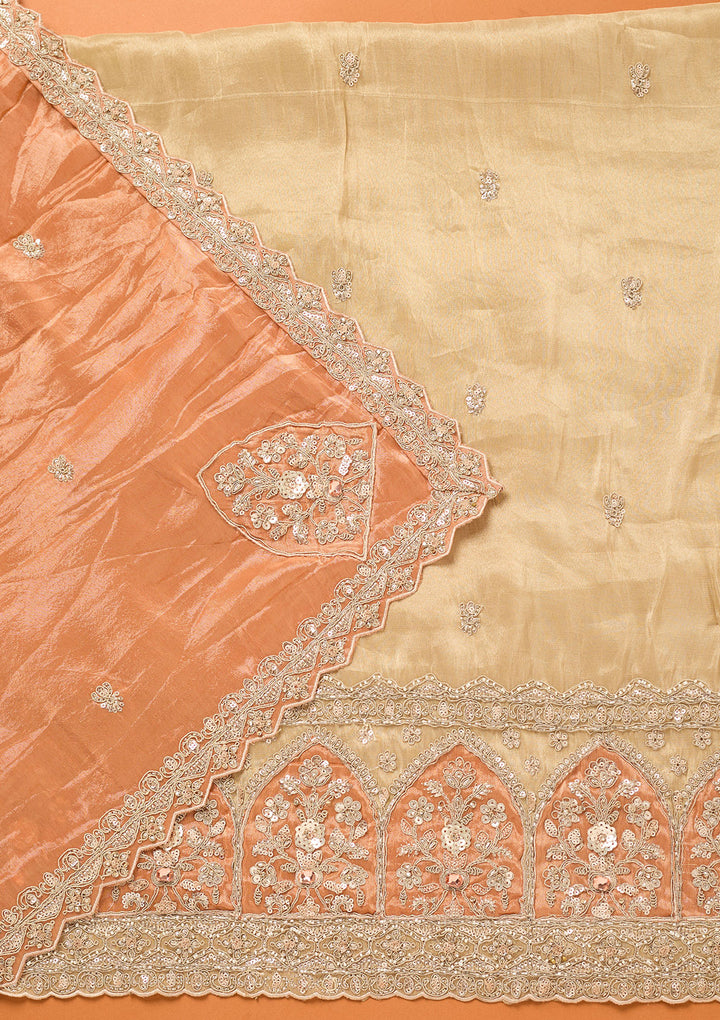 Beige Peach Tissue Cutdana Unstitched Dress Material With Matching Bottom And Dupatta