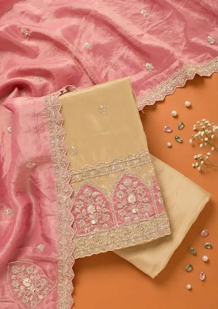Beige Pink Tissue Cutdana Unstitched Dress Material With Matching Bottom And Dupatta