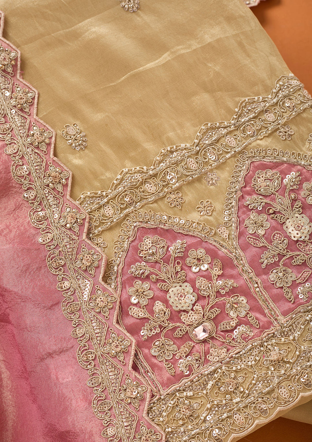 Beige Pink Tissue Cutdana Unstitched Dress Material With Matching Bottom And Dupatta