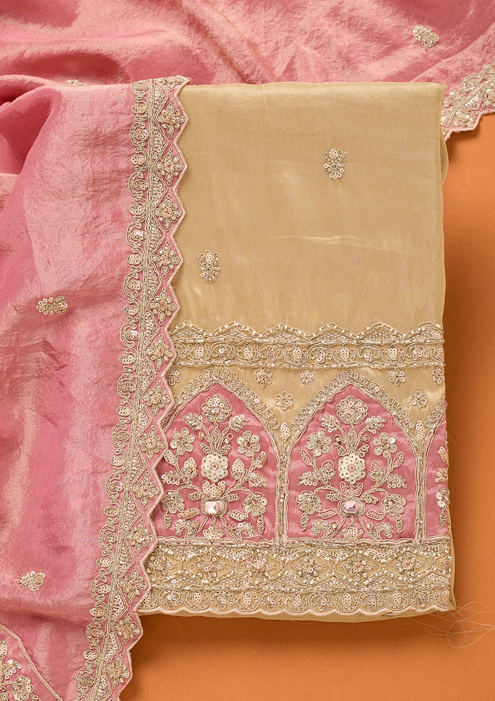 Beige Pink Tissue Cutdana Unstitched Dress Material With Matching Bottom And Dupatta