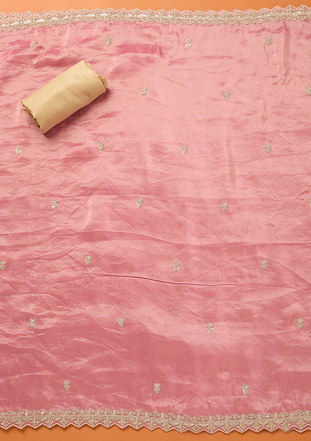 Beige Pink Tissue Cutdana Unstitched Dress Material With Matching Bottom And Dupatta