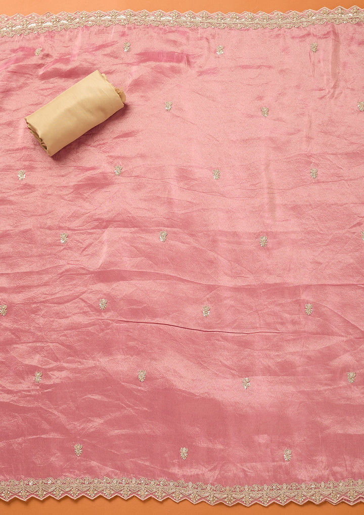 Beige Pink Tissue Cutdana Unstitched Dress Material With Matching Bottom And Dupatta