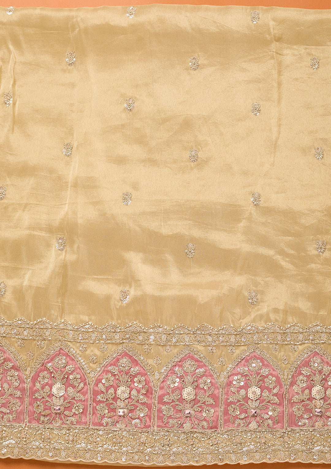 Beige Pink Tissue Cutdana Unstitched Dress Material With Matching Bottom And Dupatta