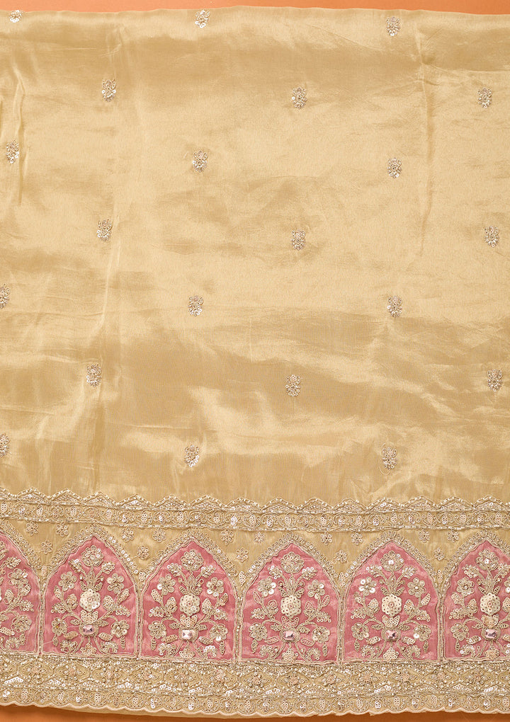Beige Pink Tissue Cutdana Unstitched Dress Material With Matching Bottom And Dupatta