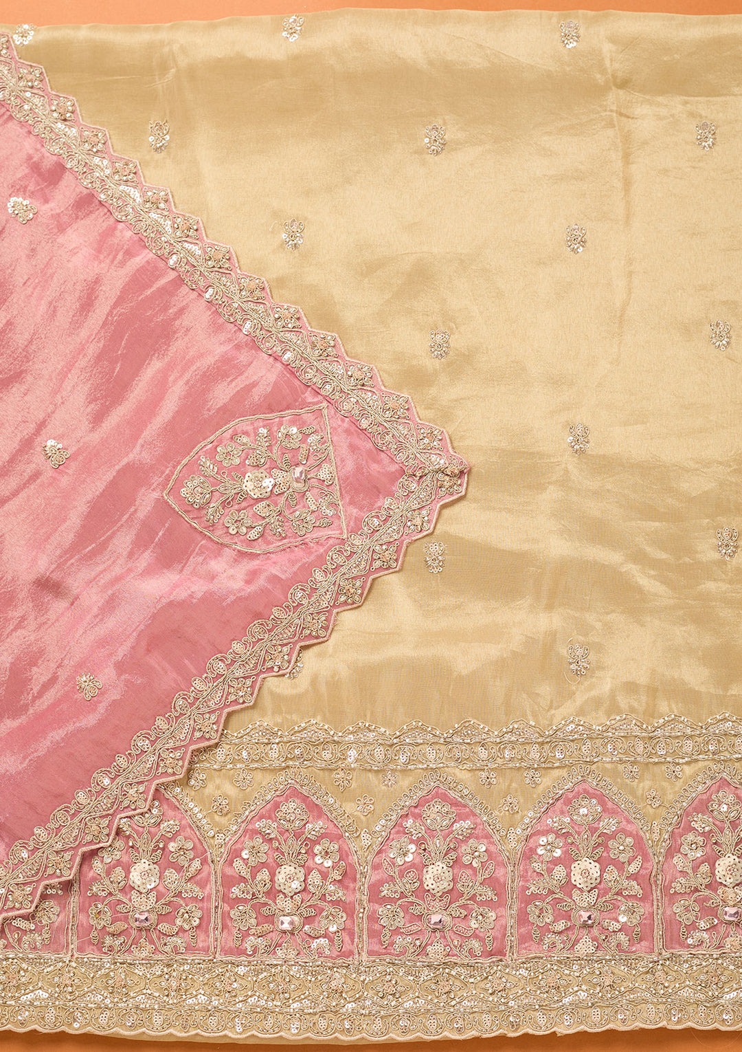 Beige Pink Tissue Cutdana Unstitched Dress Material With Matching Bottom And Dupatta
