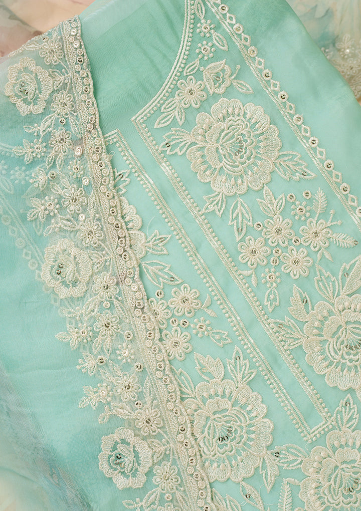 Sea Green Tissue Threadwork Unstitched Dress Material With Matching Bottom And Dupatta