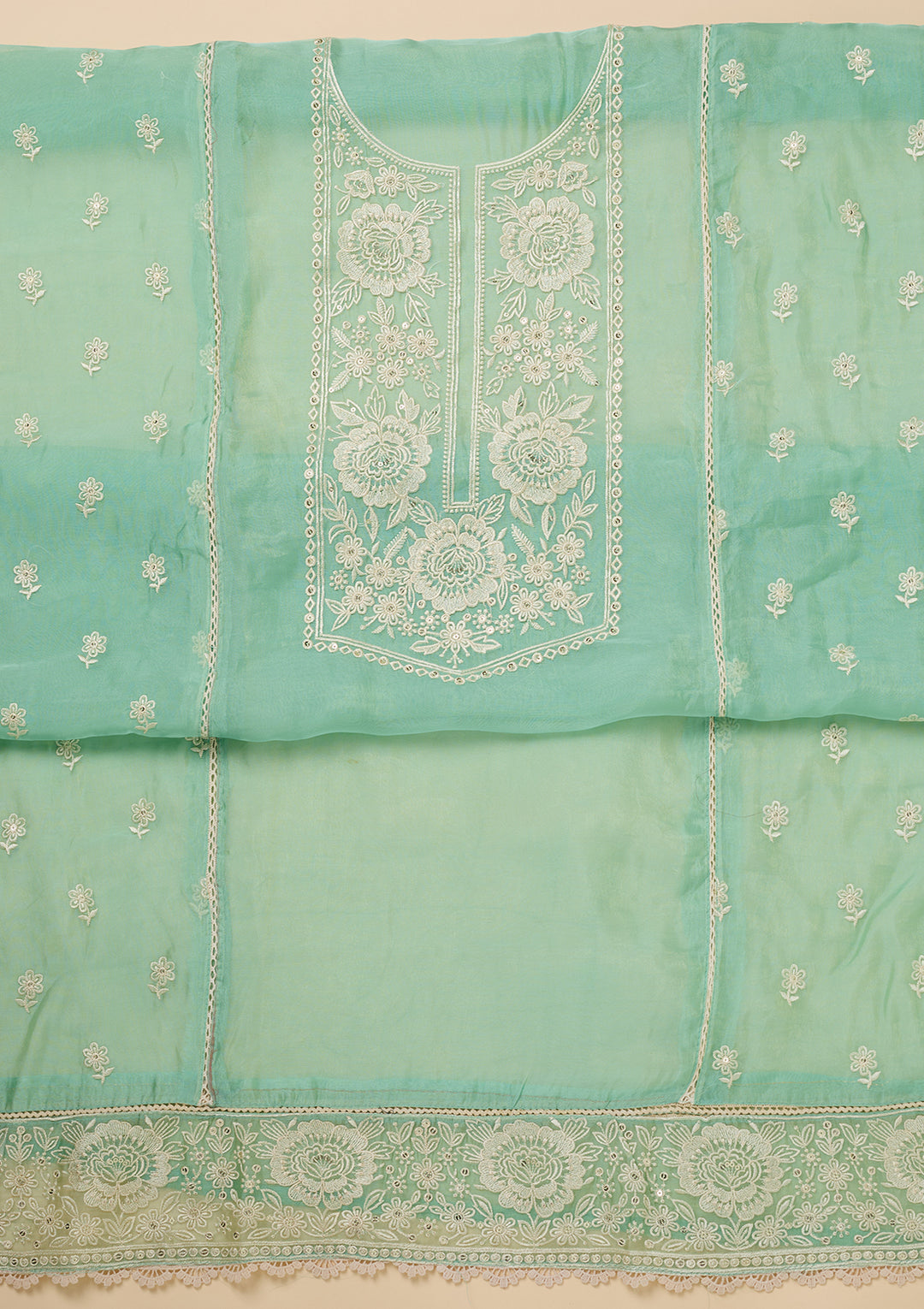 Sea Green Tissue Threadwork Unstitched Dress Material With Matching Bottom And Dupatta