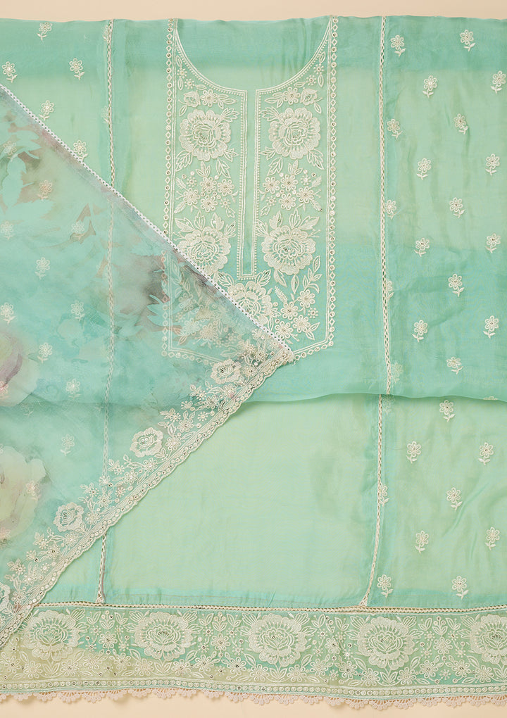 Sea Green Tissue Threadwork Unstitched Dress Material With Matching Bottom And Dupatta