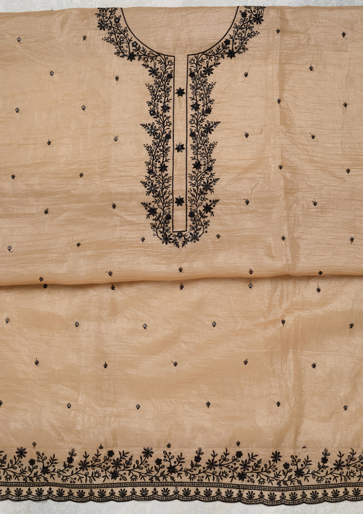 Beige Tissue Threadwork Unstitched Dress Material With Matching Bottom And Dupatta