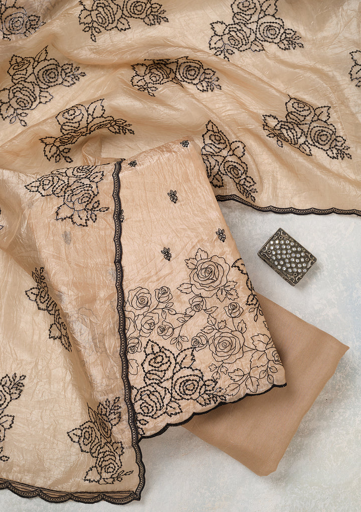 Beige Tissue Threadwork Unstitched Dress Material With Matching Bottom And Dupatta