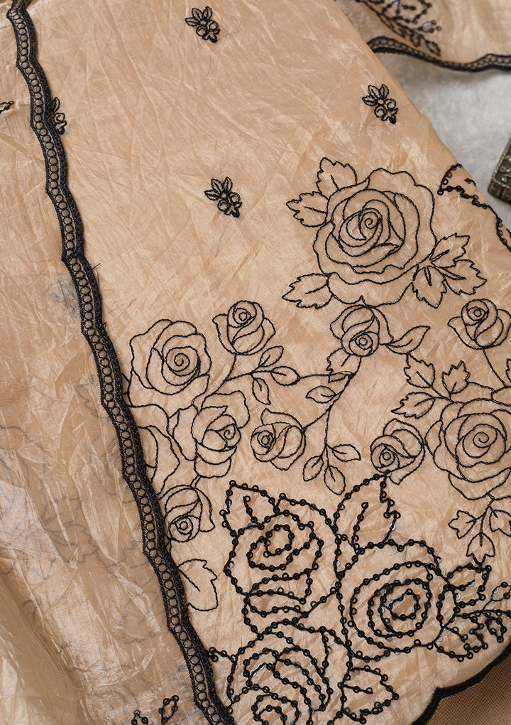 Beige Tissue Threadwork Unstitched Dress Material With Matching Bottom And Dupatta