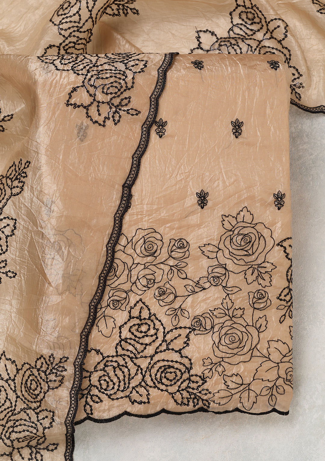 Beige Tissue Threadwork Unstitched Dress Material With Matching Bottom And Dupatta