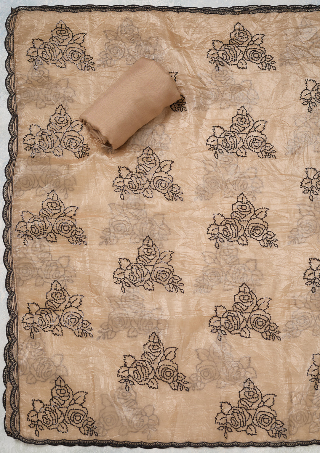 Beige Tissue Threadwork Unstitched Dress Material With Matching Bottom And Dupatta
